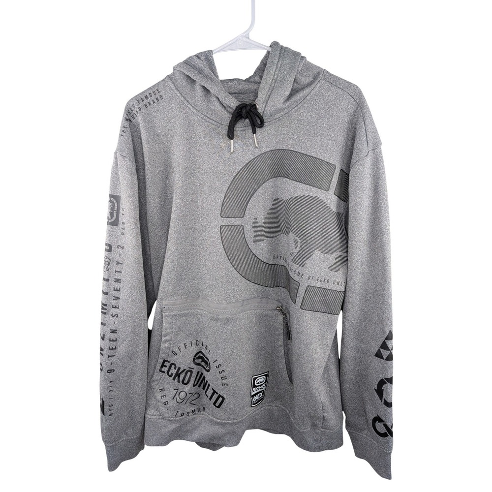 Ecko Unltd Men Hoodie L Gray Graphic Rhino‎ Streetwear Pullover Sweatshirt